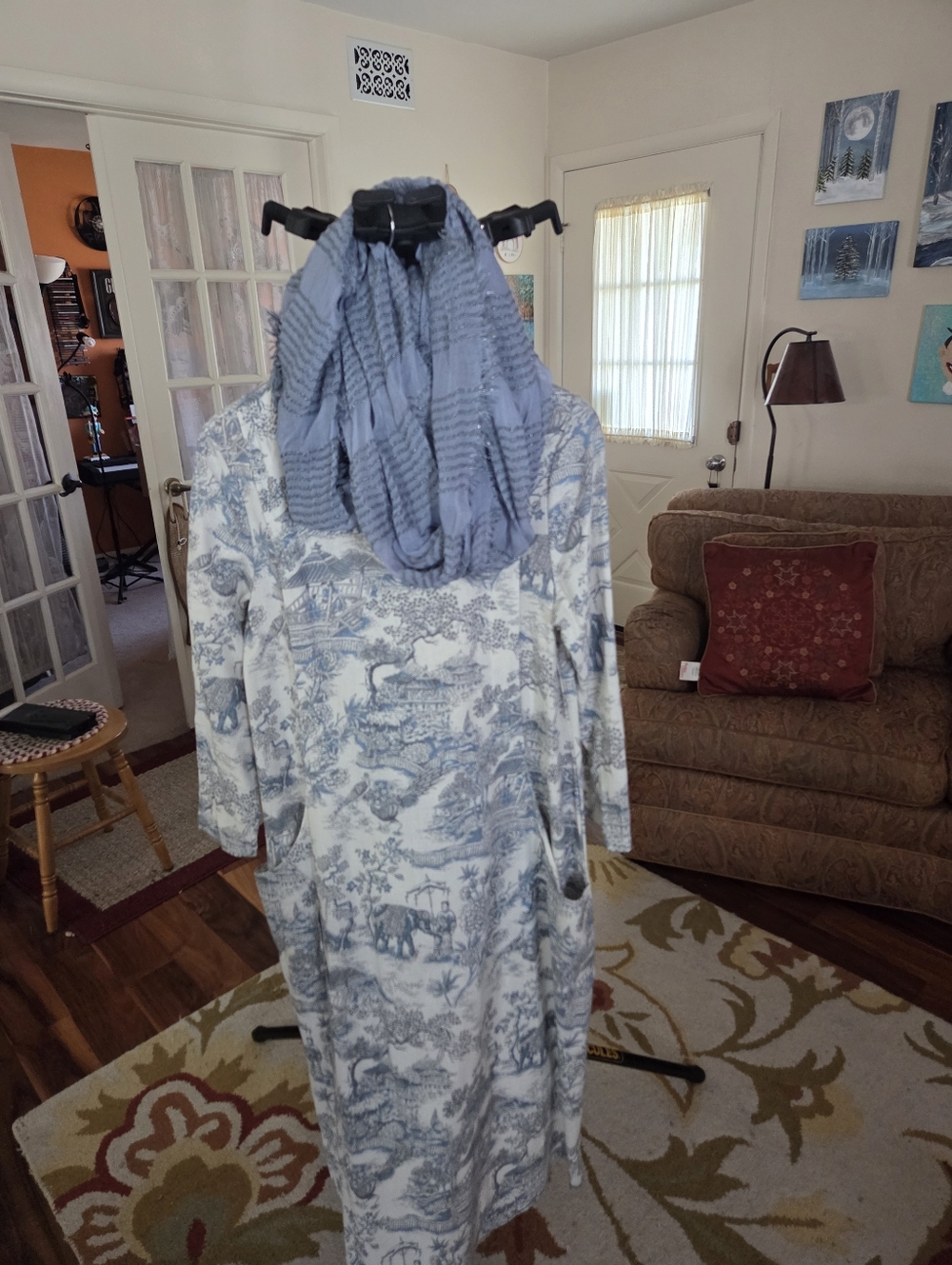 Blue & White Toile Long Dress with Light Blue Scarf And Pockets